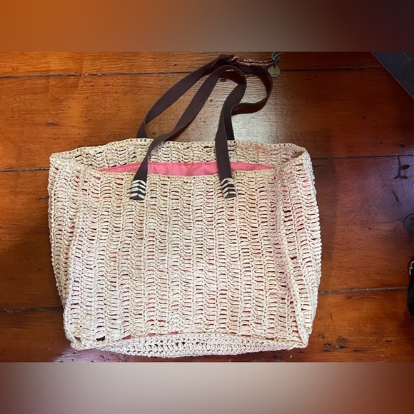 Quicksilver straw light tan shoulder bag EUC pink lining tote leather straps - Picture 9 of 9